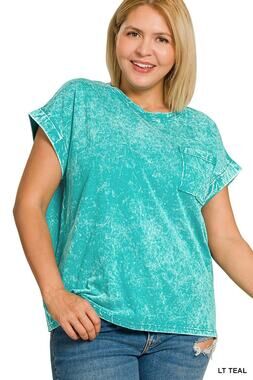Zenana crinkle washed round neck tee light teal 2X